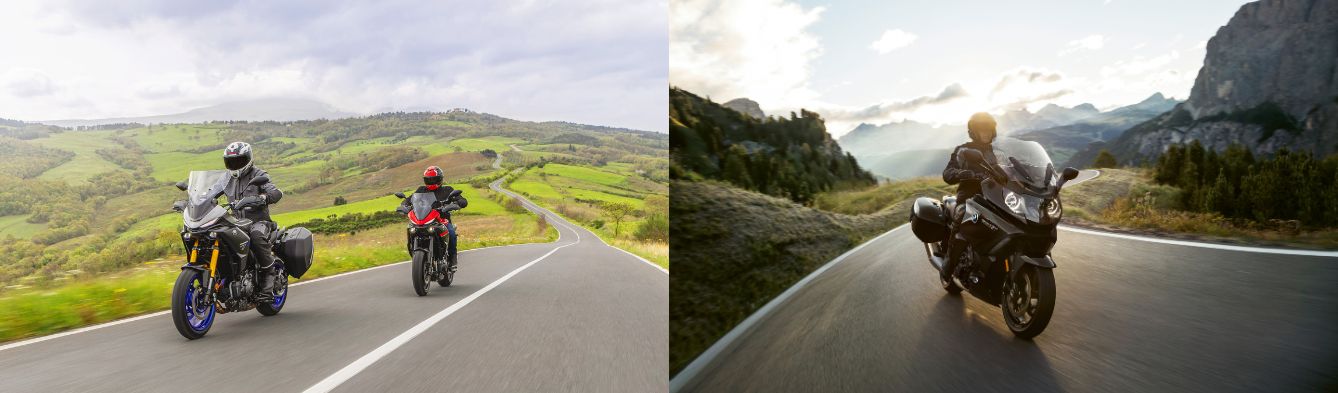 Two images, one showing two yamaha bikes on the road and the other showing one BMW Motorrad bike