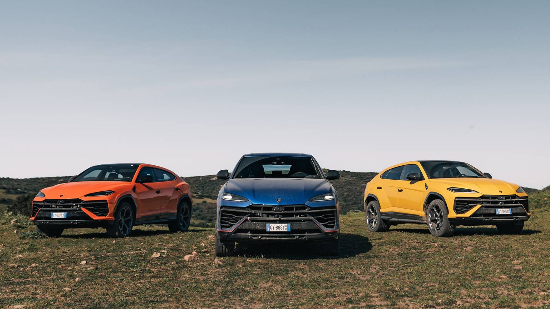 Three Lamborghini Temerario in orange, blue and yellow