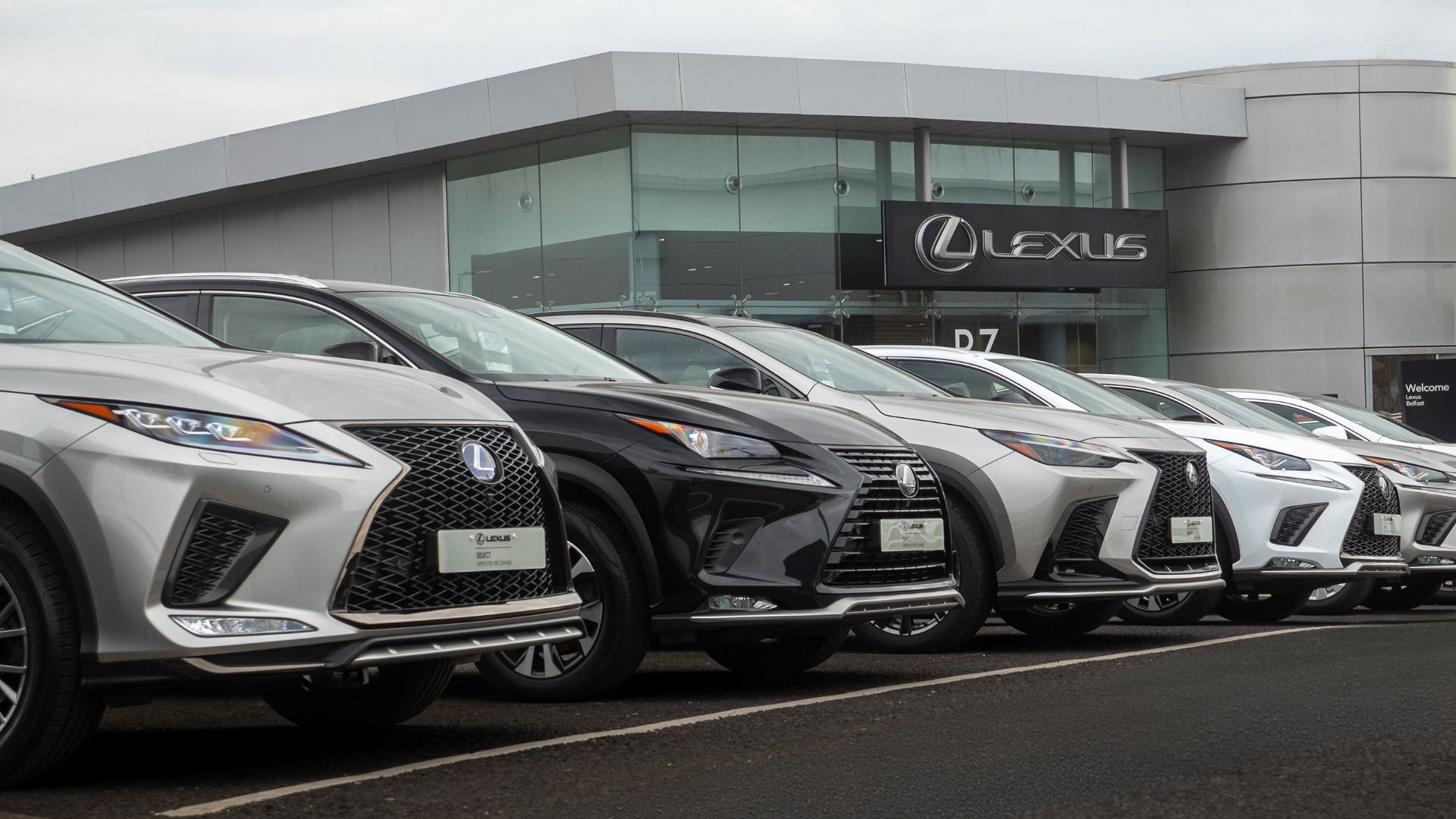 Lexus vehicles lined up outside the dealership