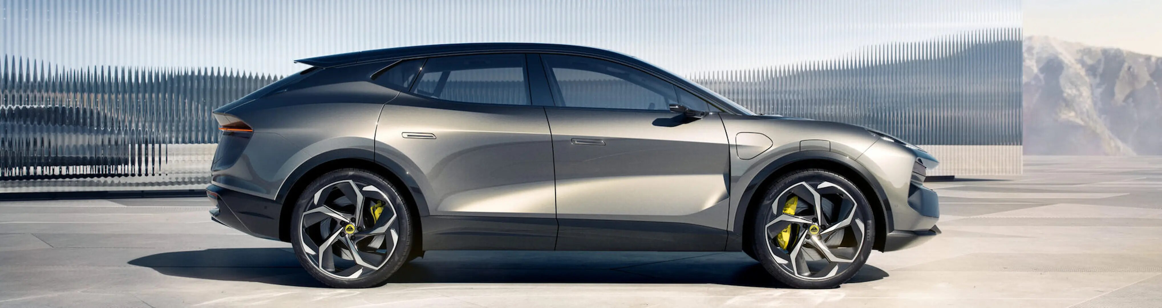 New Lotus Eletre Header Image featuring a new Lotus Eletre in Grey side profile picture of the car.