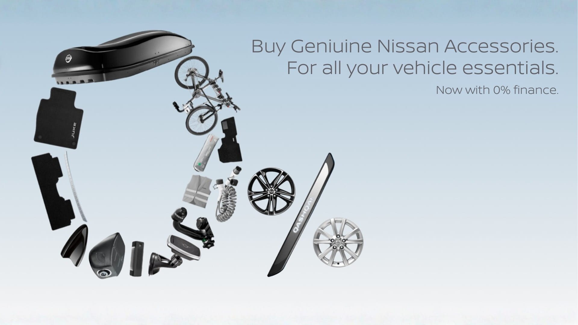Image of nissan accessories in the shape of "0%" with text "Buy Geniuine Nissan Accessories. For all your vehicle essentials. Now with 0% finance."